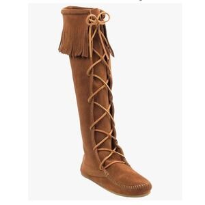 Minnetonka Front Lace Knee High Suede Leather Fringe Boots sz 10 Brown 1922 NWOT